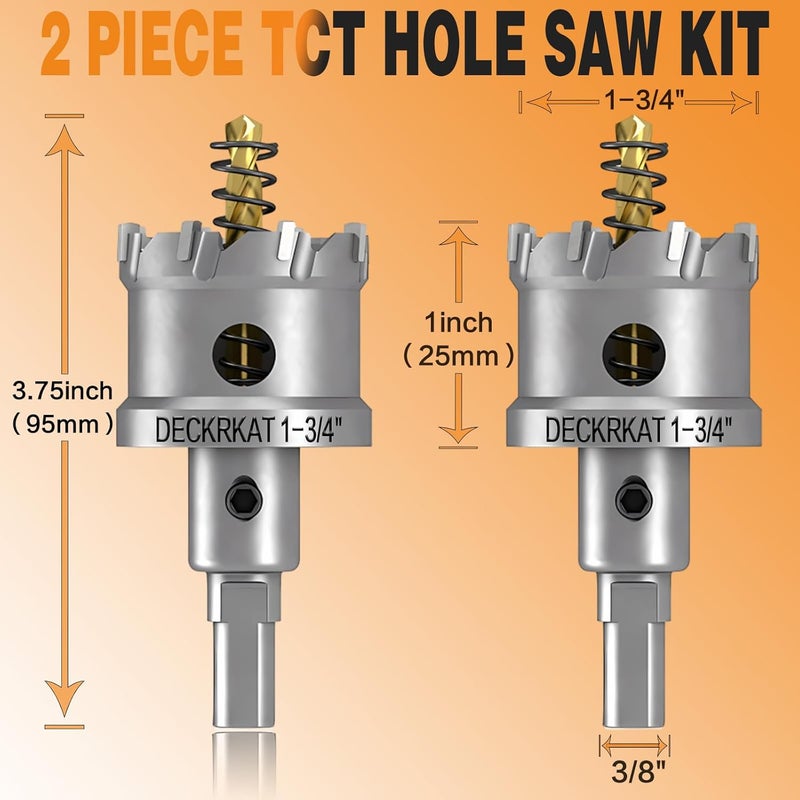 DECKRKAT 2-Pack 1-3/4" TCT Hole Saws for Hard Metal, Heavy Duty 45mm Tungsten Carbide Tipped Hole Cutters Set with Spring-Loaded Pilot Drill Bits for Stainless Steel, Metal, Iron, and Plastic - Image 2